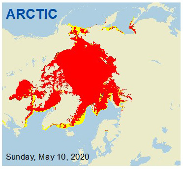 The USNIC Daily Ice Edge product depicts the daily sea ice pack in red (8-10/10ths or greater of sea ice), and the Marginal Ice Zone (MIZ) in yellow. The marginal ice zone is the transition between the open ocean (ice free) and pack ice. The daily ice edge is analyzed by sea ice experts using multiple sources of near real time satellite data, derived satellite products, buoy data, weather, and analyst interpretation of current sea ice conditions.
