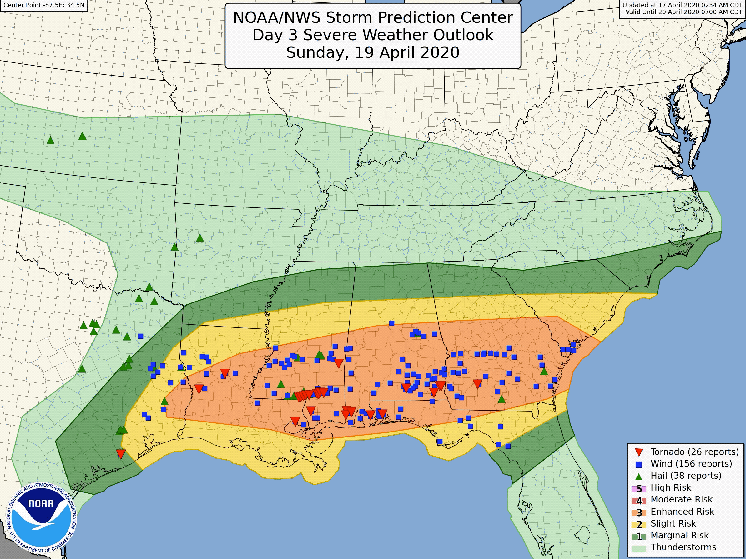 Evolution of national-scale severe weather outlooks from 3 days before up through the event with initial public reports of severe weather overlaid