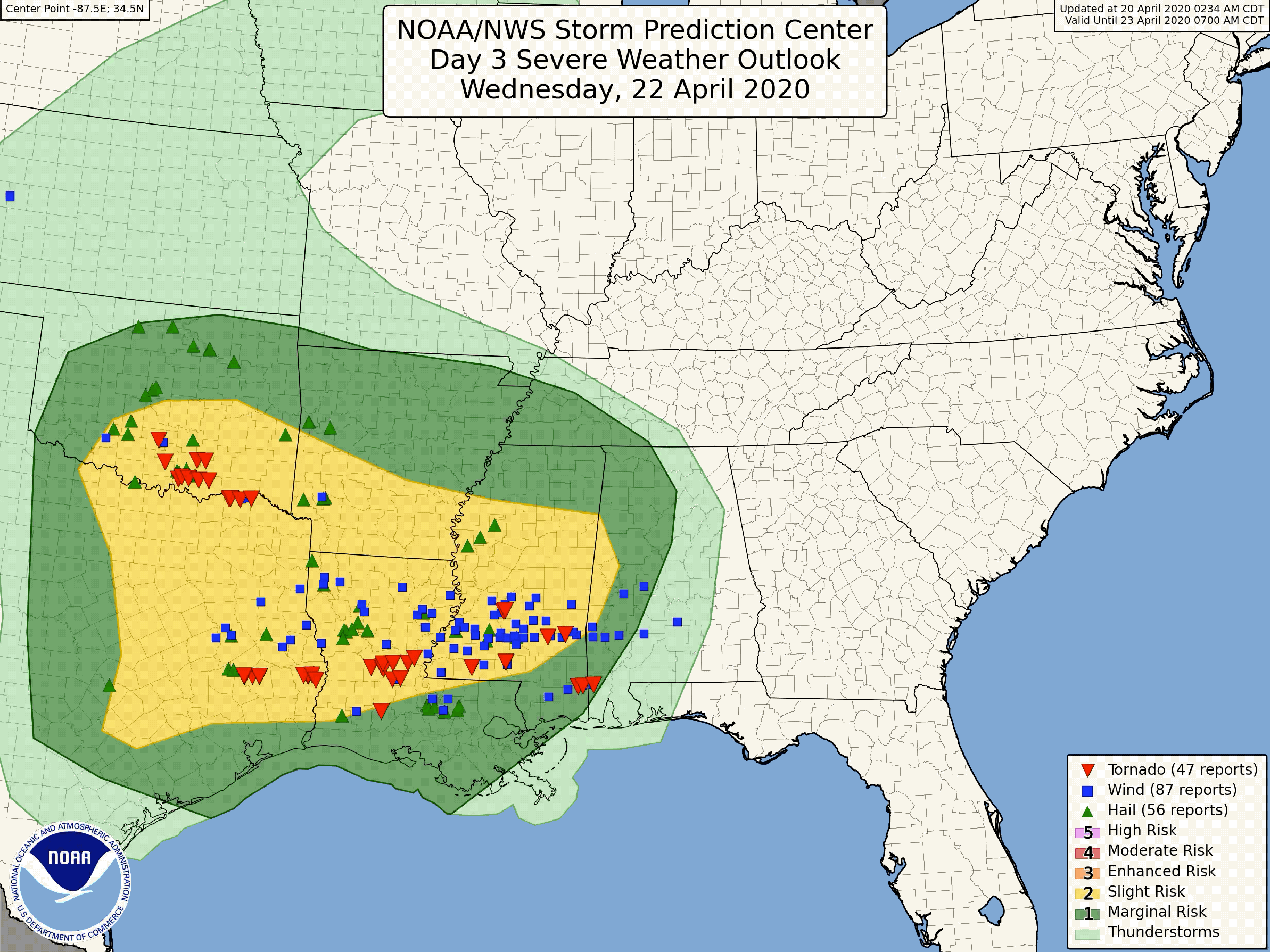 Evolution of national-scale severe weather outlooks from 3 days before up through the event with initial public reports of severe weather overlaid