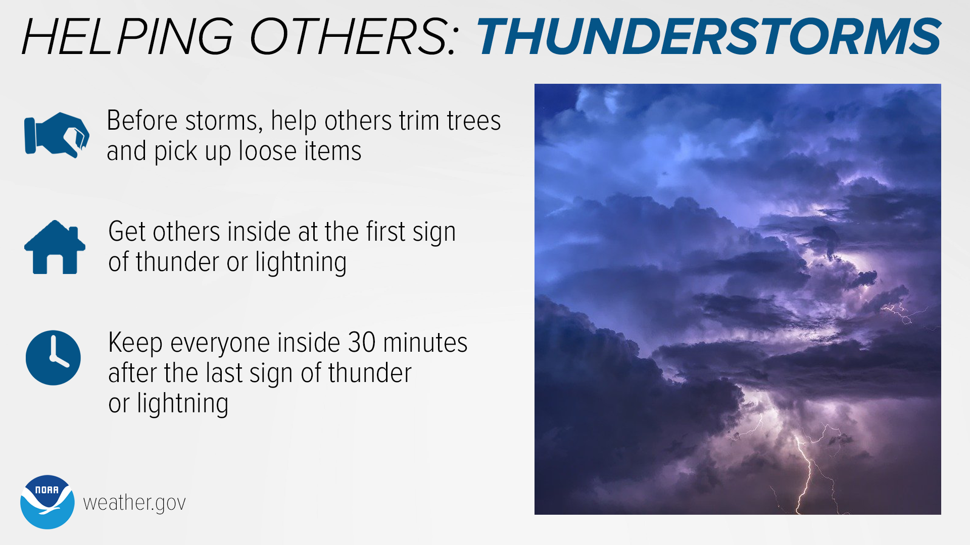 Know before you go. It’s best to stay inside at the first sign of thunder and lightning and 30 minutes after the last sign of a storm.