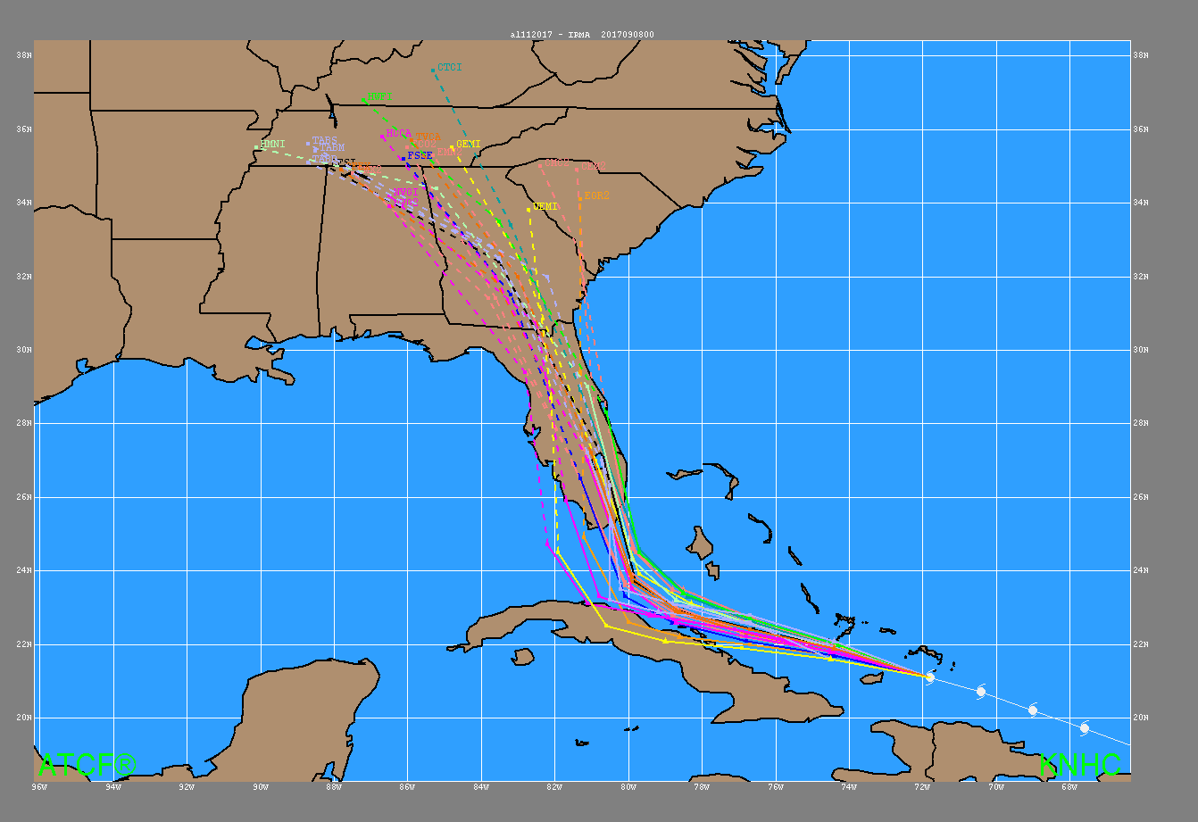 Track model plot for Hurricane Irma from 8 PM EDT September 9, 2017