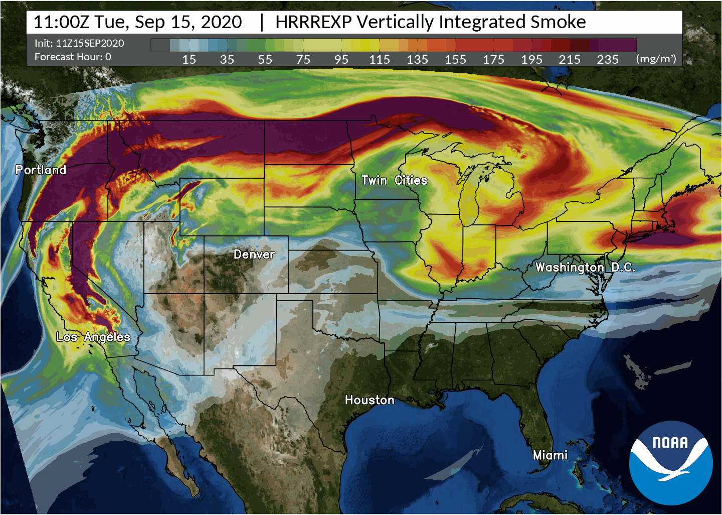 A HRRR-Smoke model forecast of vertically integrated smoke showing where wildfire smoke will travel across the U.S. This product displays the effect of fire smoke load that includes smoke in the boundary layer as well as aloft, illustrating the integral effect of fire smoke throughout the atmosphere.