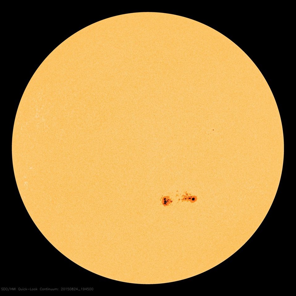 Sunspots observed on the Sun August 24, 2015. NASA