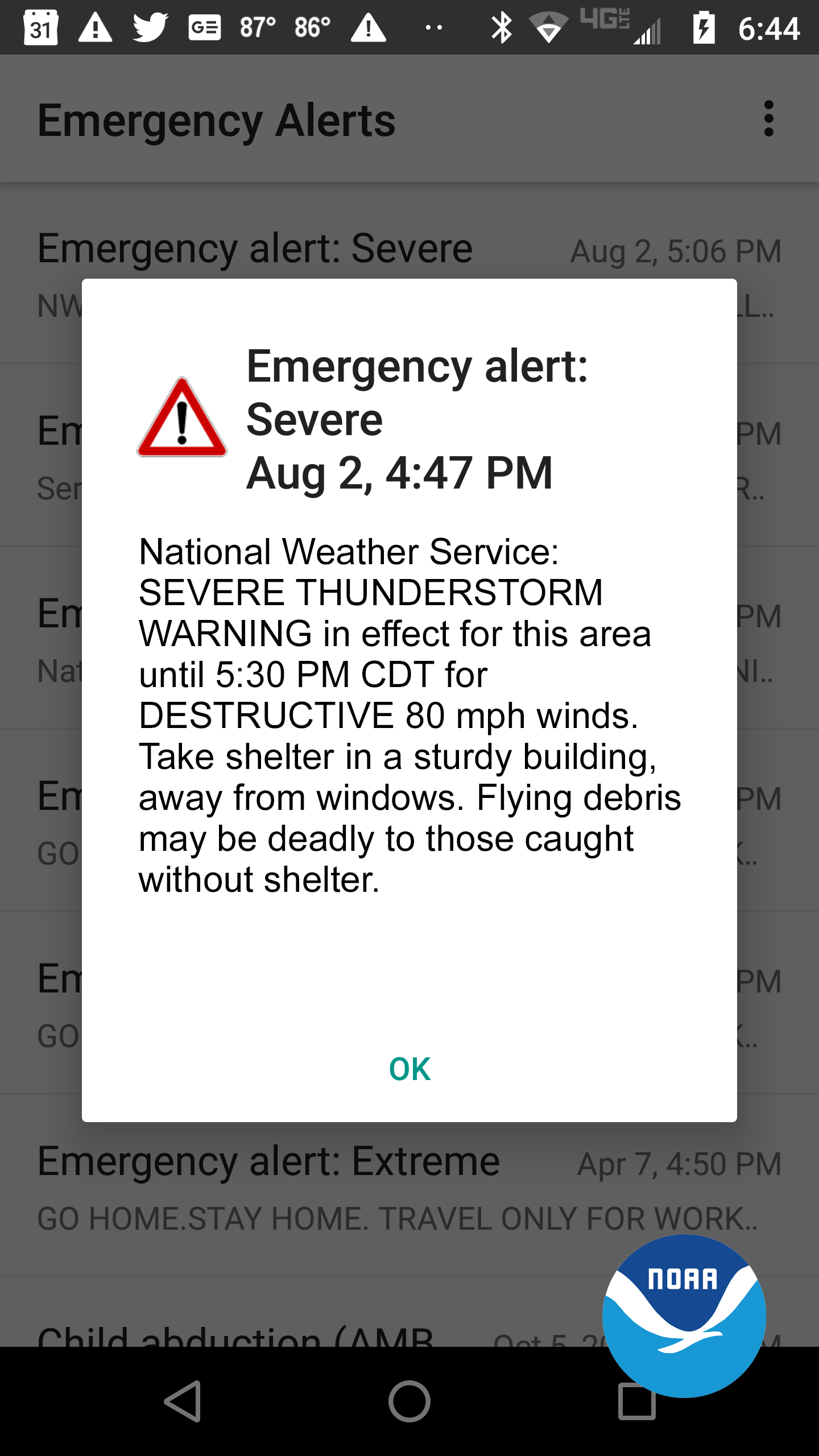 A Wireless Emergency Alert for a Severe Thunderstorm Warning