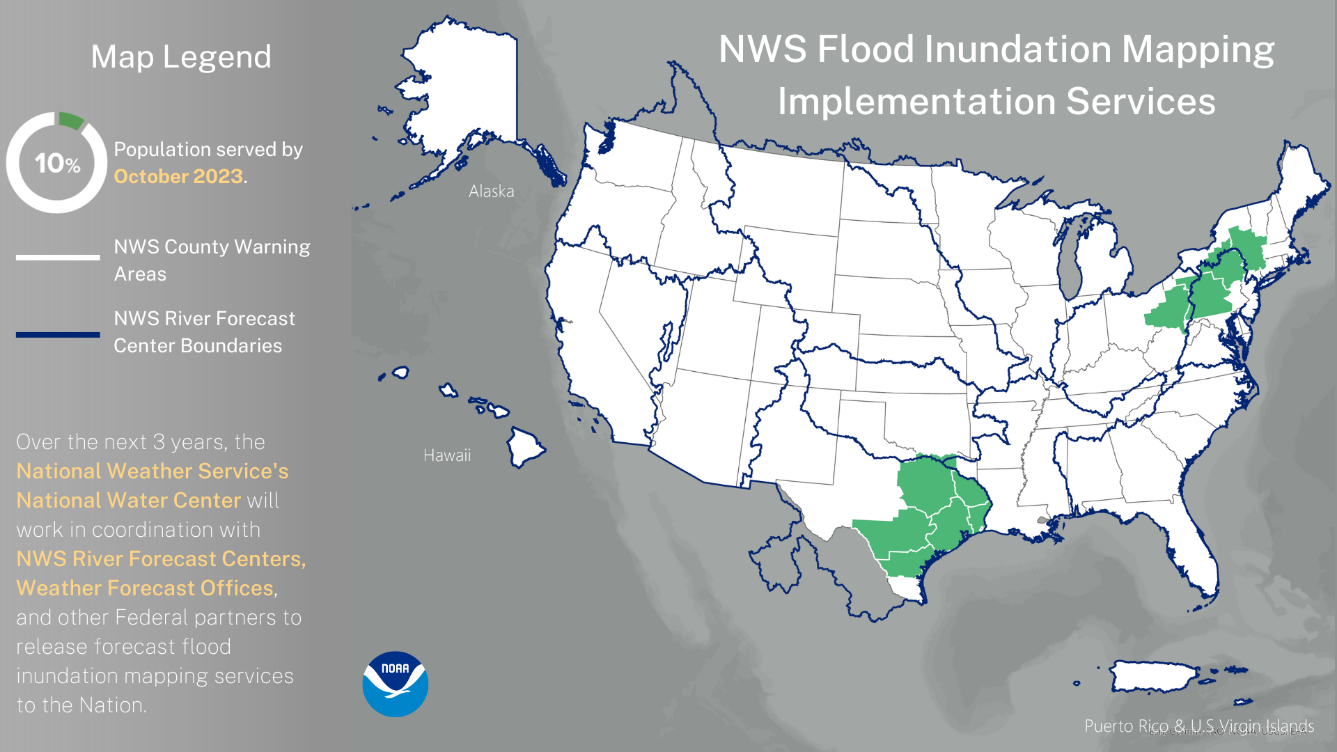 Pictured: A map highlighting new pilot flood services offered by the NWS.