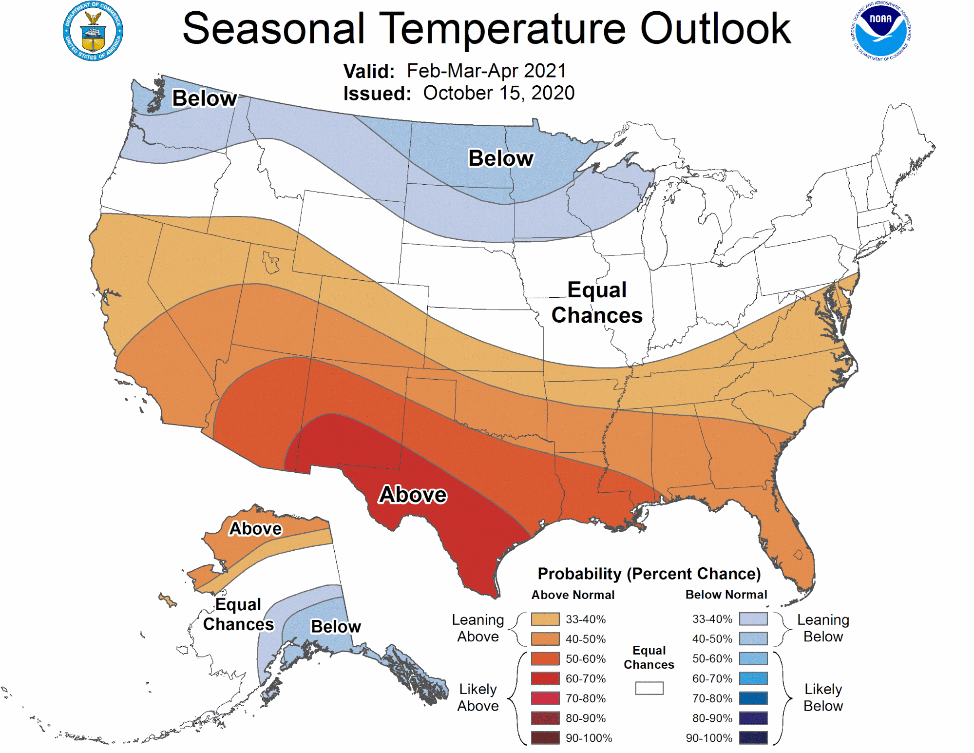 sample temperature map shows areas of above- and below-normal 3-month seasonal average temperatures, with some areas labeled “EC” or equal chances - where there is  no tilt in the odds towards either an above-, near- or below-average outcome. The new maps include a more comprehensive legend to better explain the different colors and probabilities. 
