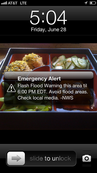 Example of a Wireless Emergency Alert on an iPhone 5 (AT&T). 