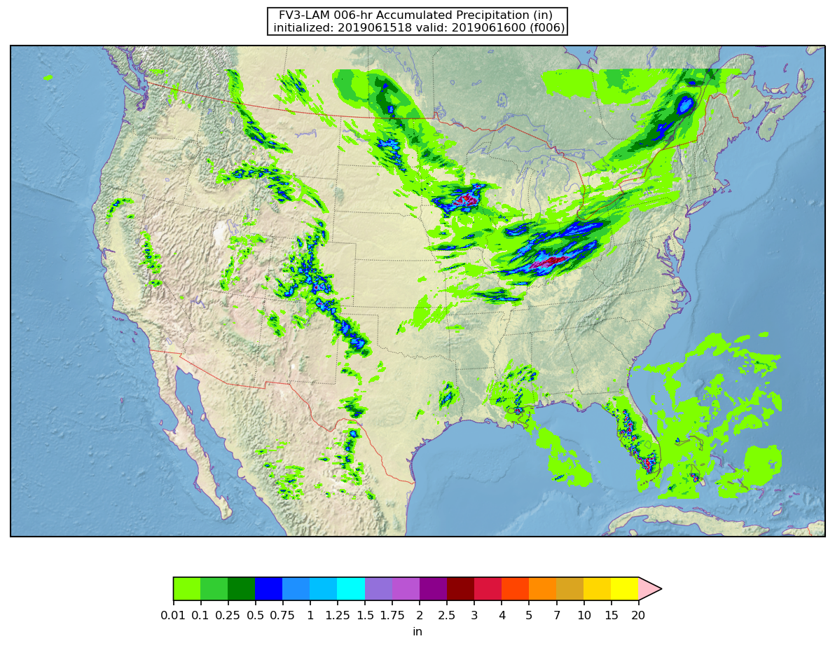 Sample 3-km forecast output from the short-range weather application depicting accumulated precipitation 