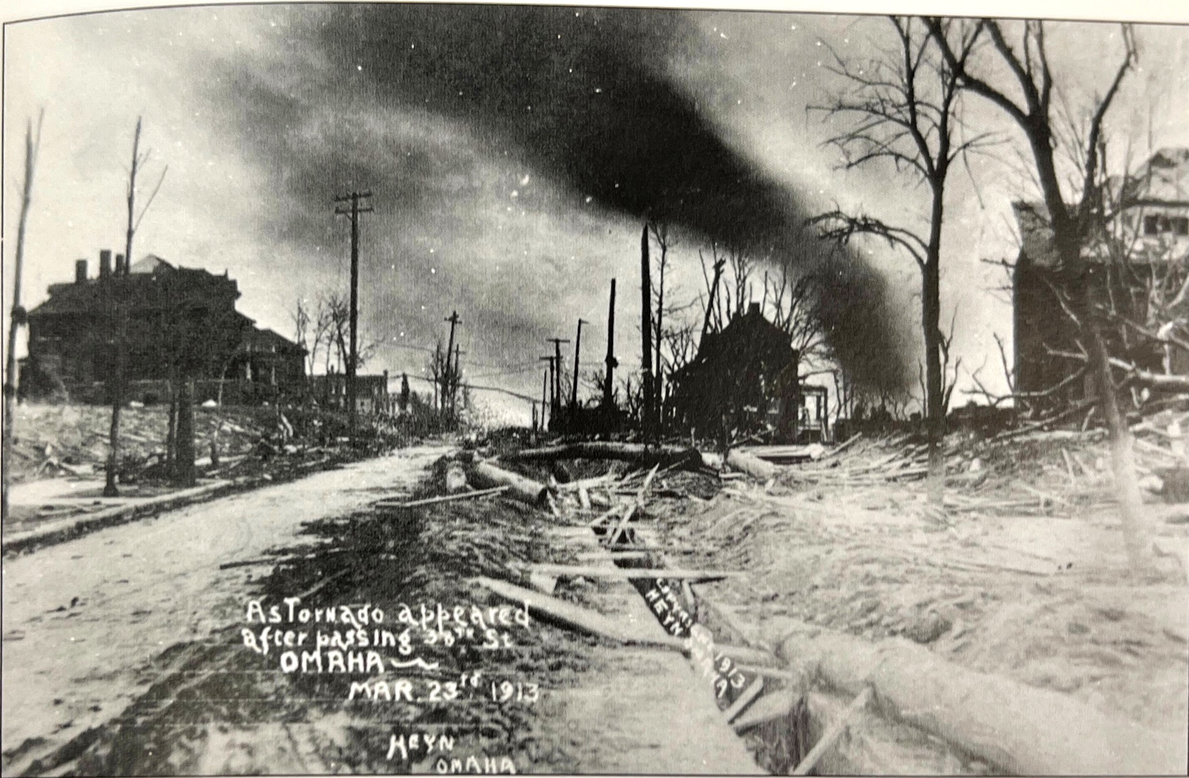Photo of the Omaha Tornado looking north toward the Cathedral neighborhood, taken at 38th and Arbor Streets.