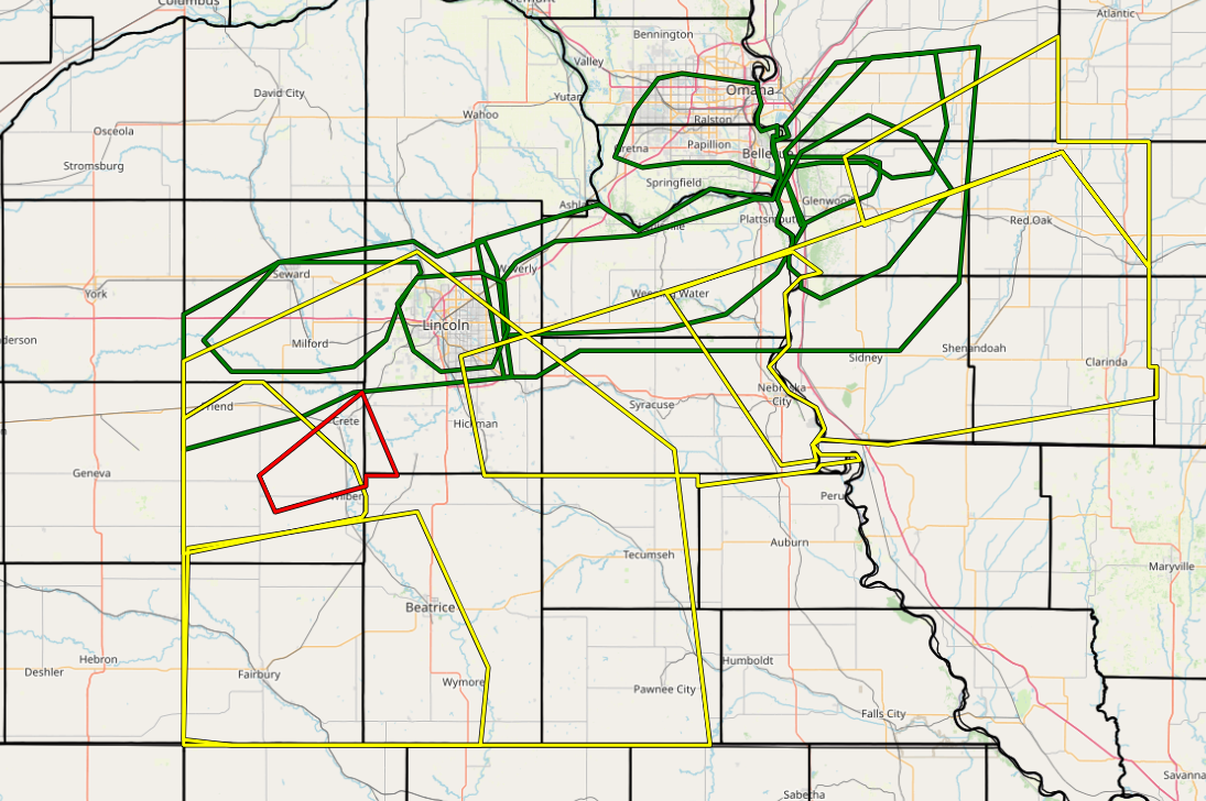Warnings issued. The yellow polygons are Severe Thunderstorm Warnings, the green polygons are Flash Flood Warnings, and the red polygon is a tornado warning.
