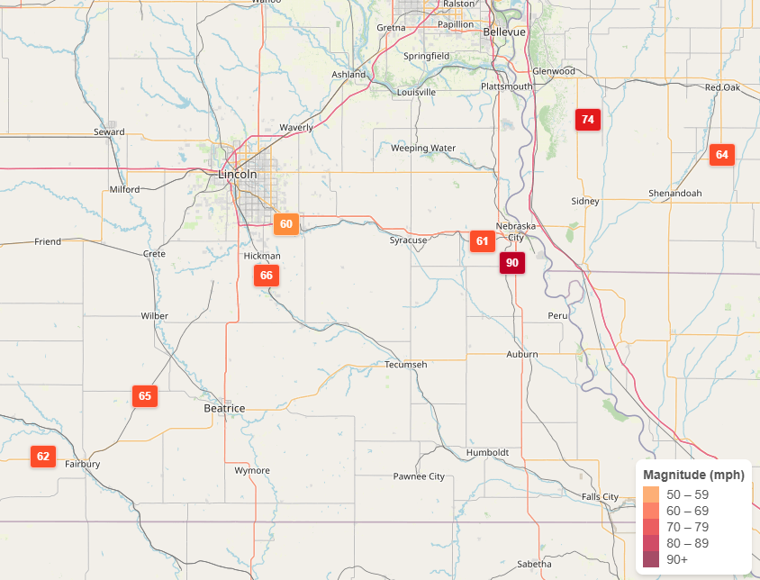 Measured wind gusts (in mph).