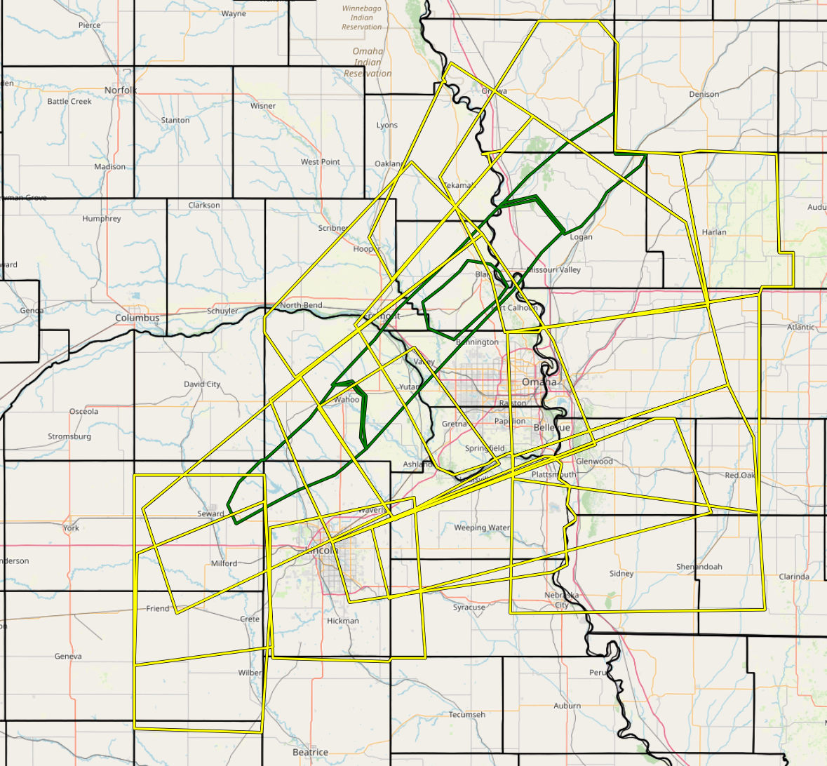 Warnings issued. The yellow polygons are Severe Thunderstorm Warnings, and the green polygons are Flash Flood Warnings.