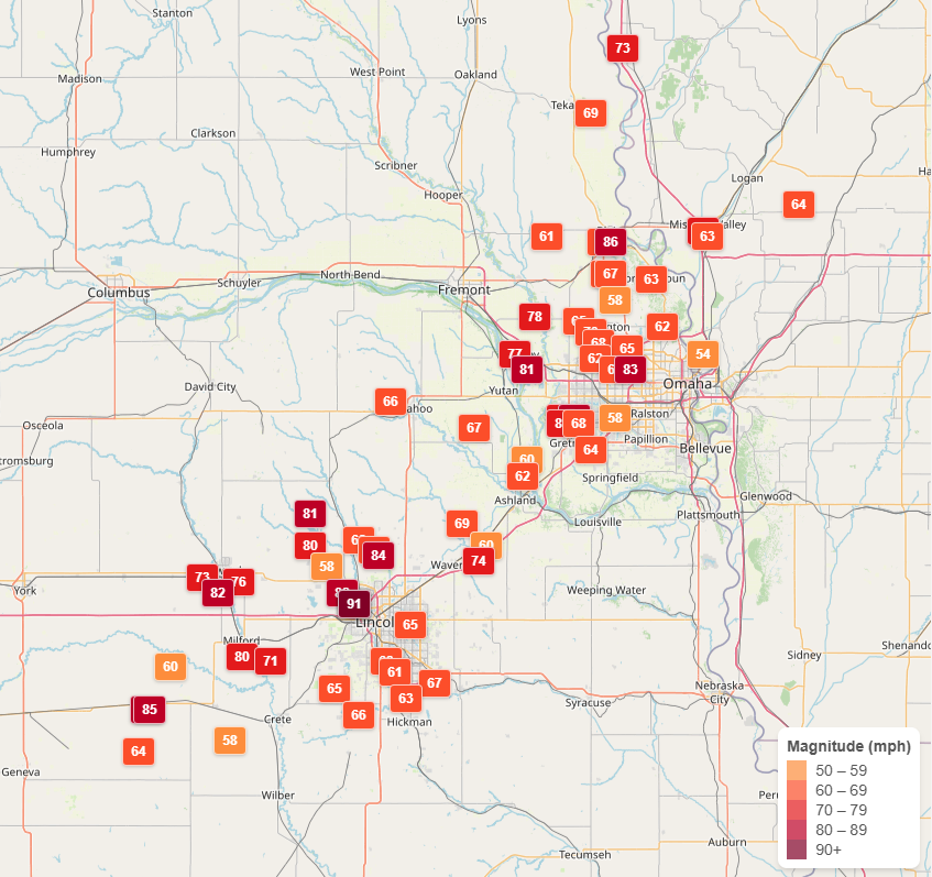 Measured wind gusts (in mph)