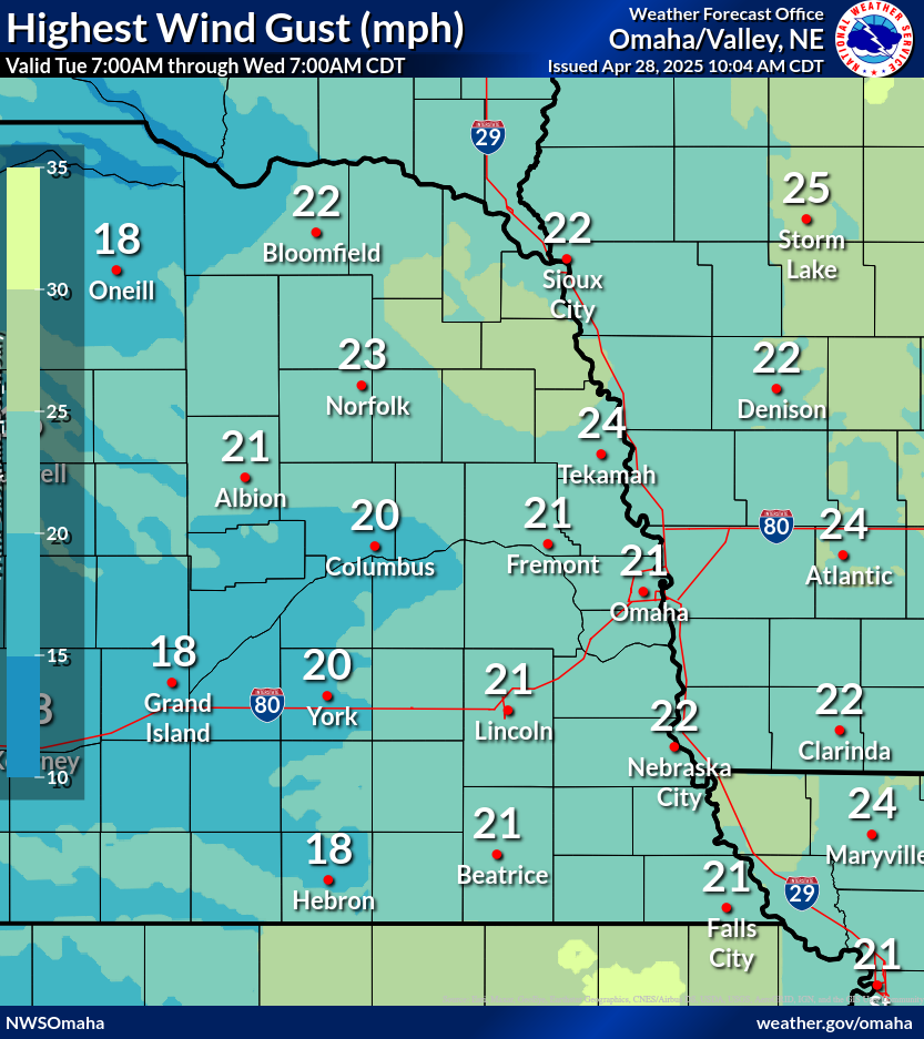 Tomorrow's Highest Wind Gusts