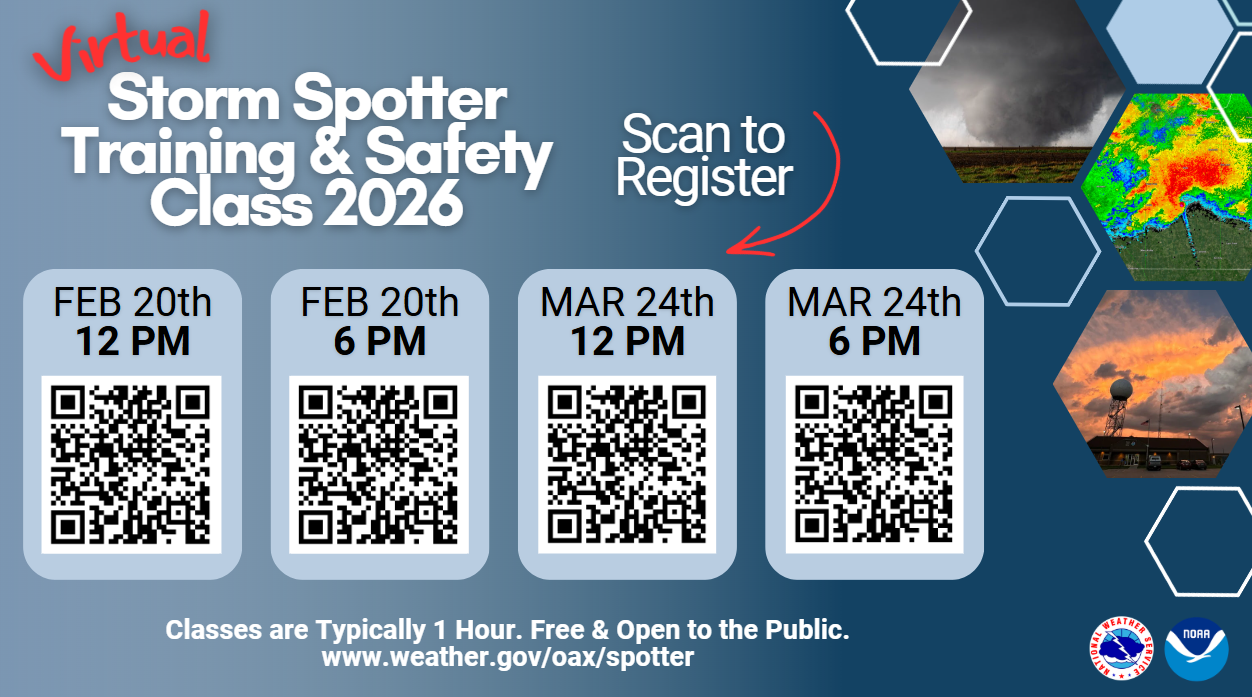 Registration information for the virtual storm spotter training and safety classes on February 20th and noon and 6 PM, and March 24th and noon and 6 PM. You can also register via the link in the calendar below.