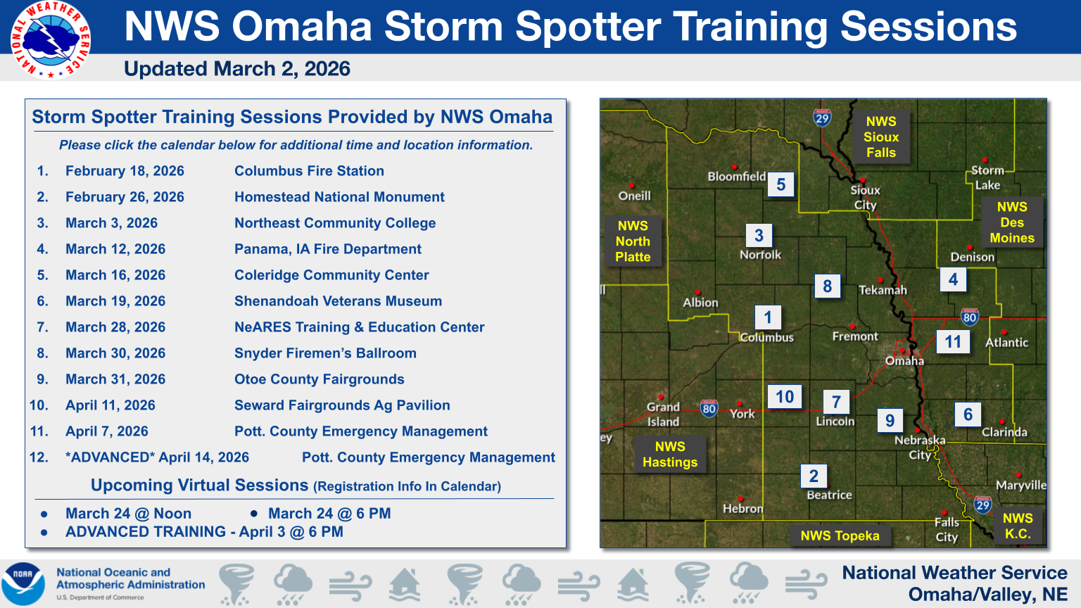 A graphic detailing the NWS Omaha Storm Spotter Training Sessions for 2026, updated as of January 13, 2026. The specific sessions listed are: February 18, 2026: Columbus Fire Station February 26, 2026: Homestead National Monument March 3, 2026: Northeast Community College March 12, 2026: Harrison/Shelby Counties Location TBD March 30, 2026: Snyder Firemen’s Ballroom March 31, 2026: Otoe County Fairgrounds April 11, 2026: Seward Fairgrounds Ag Pavilion Additionally, it mentions sessions with dates TBD for Cedar/Knox Counties, Shenandoah, and Pottawatomie County, as well as several Live, Virtual Training Sessions TBD throughout the spring. The graphic also advises checking the calendar for additional information, contacting Lincoln/Lancaster Emergency Management for their series, and visually references surrounding NWS offices: Sioux Falls, Des Moines, North Platte, Hastings, Topeka, and K.C.