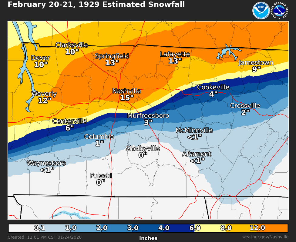 February 20-21, 1929 Estimated Snow Totals