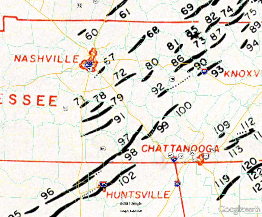 Map of April 3, 1974 Tornado Outbreak - Middle Tennessee Portion