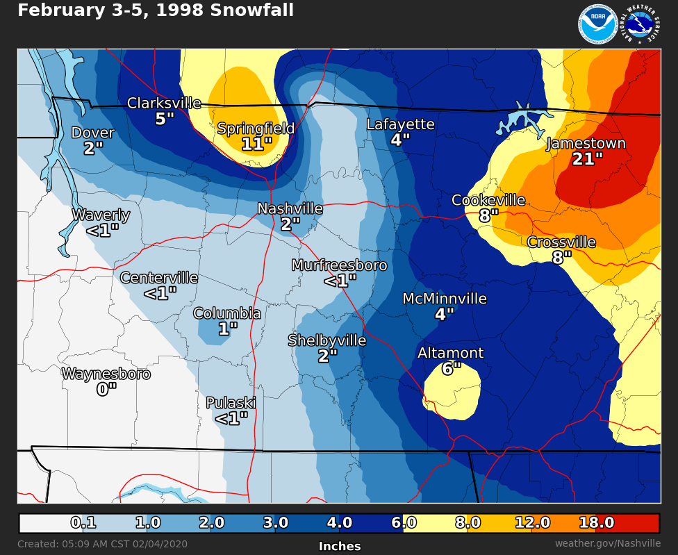 February 3-5, 1998 Snow Totals