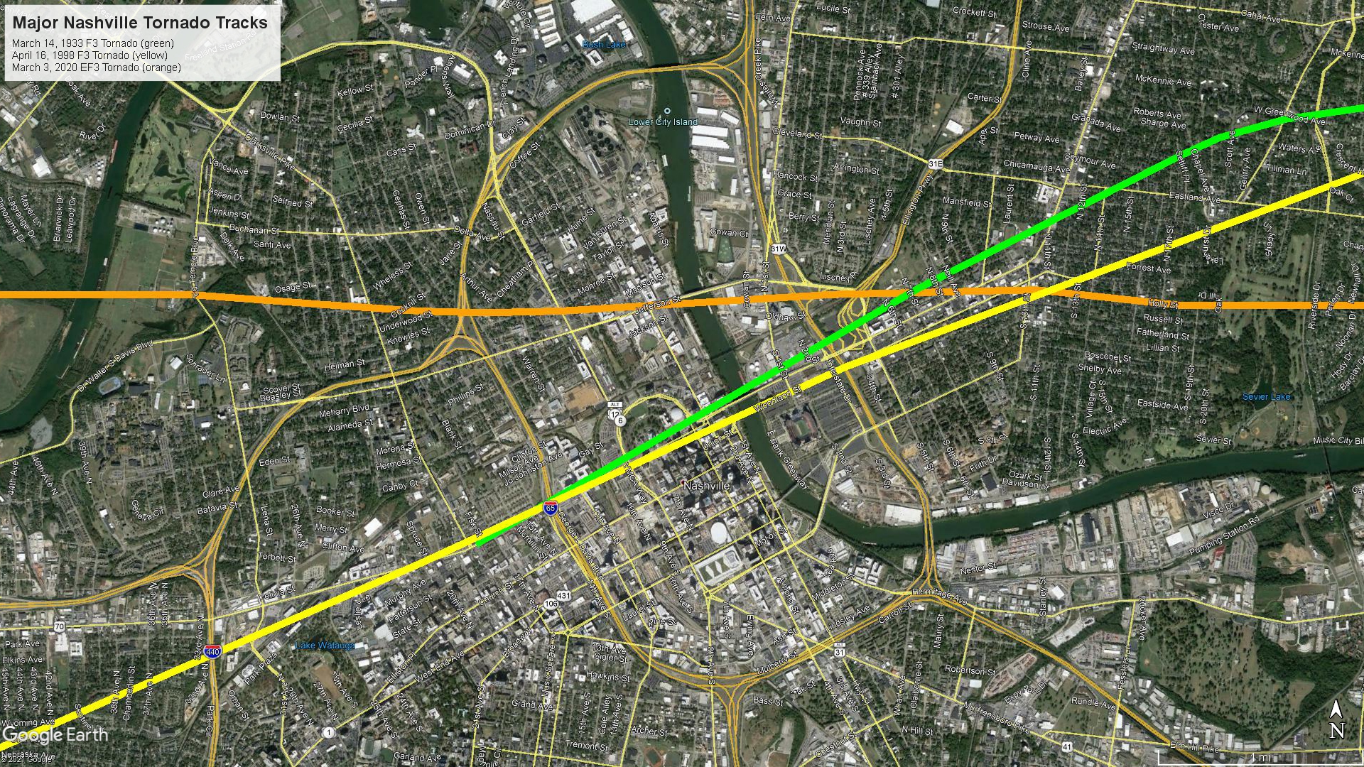 Downtown Nashville tornado tracks