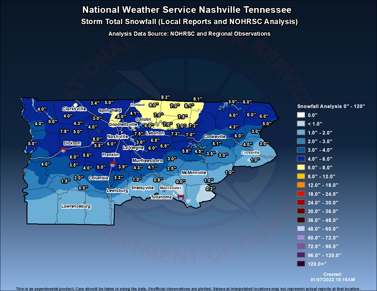 NWS Nashville Snowfall Analysis