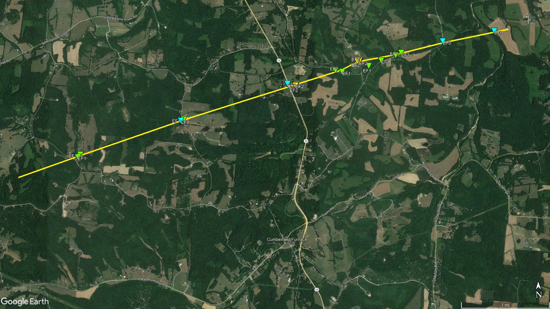 Cumberland Furnace Tornado Path Map