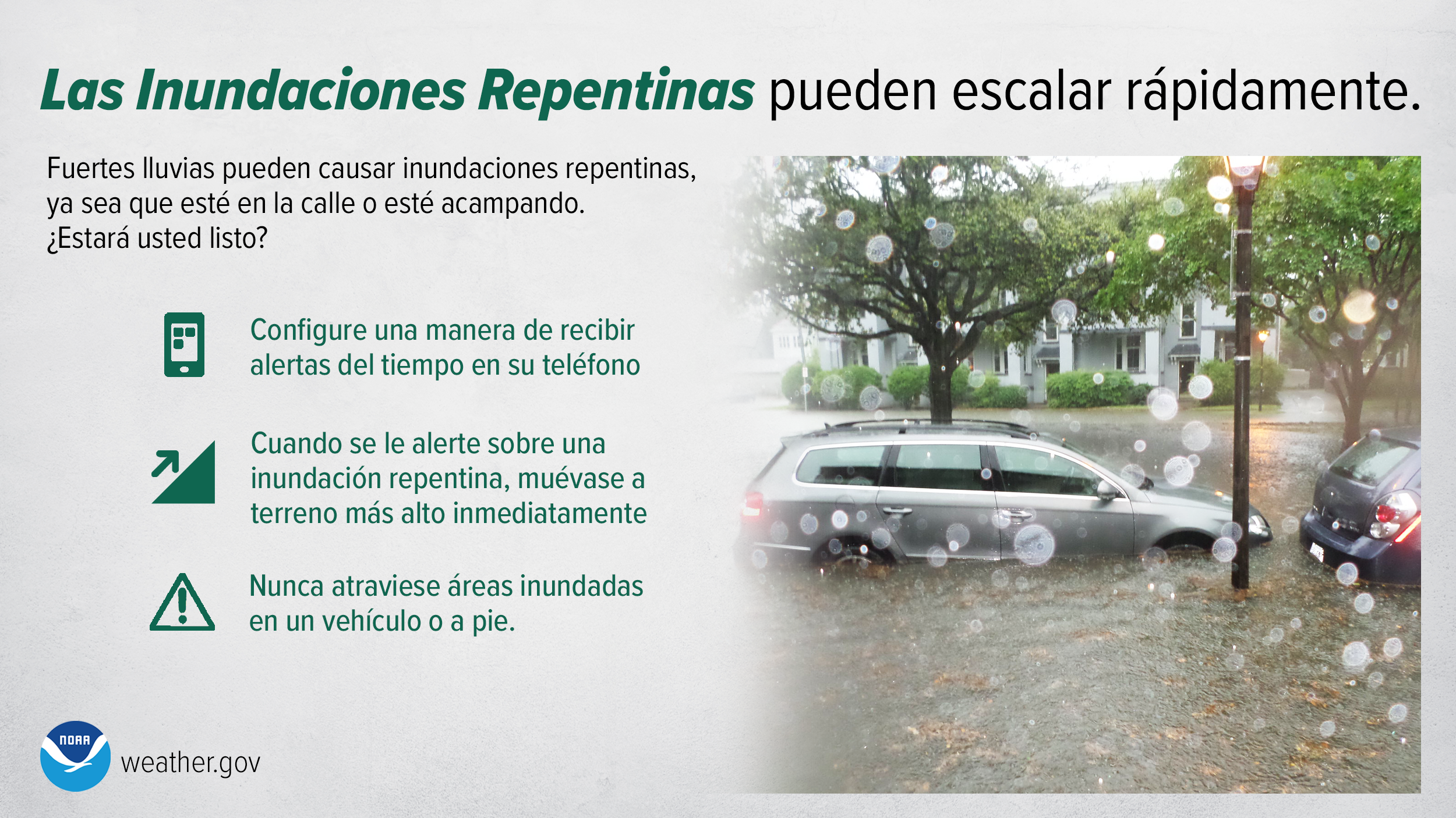 Las Inundaciones Repentinas pueden escalar rápidamente. Fuertes lluvias pueden causar inundaciones repentinas, ya sea que esté en la calle o esté acampando. ¿Estará usted listo? Configure una manera de recibir alertas del tiempo en su teléfono. Cuando se le alerte sobre una inundación repentina, muévase a terreno más alto inmediatamente. Nunca atraviese áreas inundadas en un vehículo o a pie.