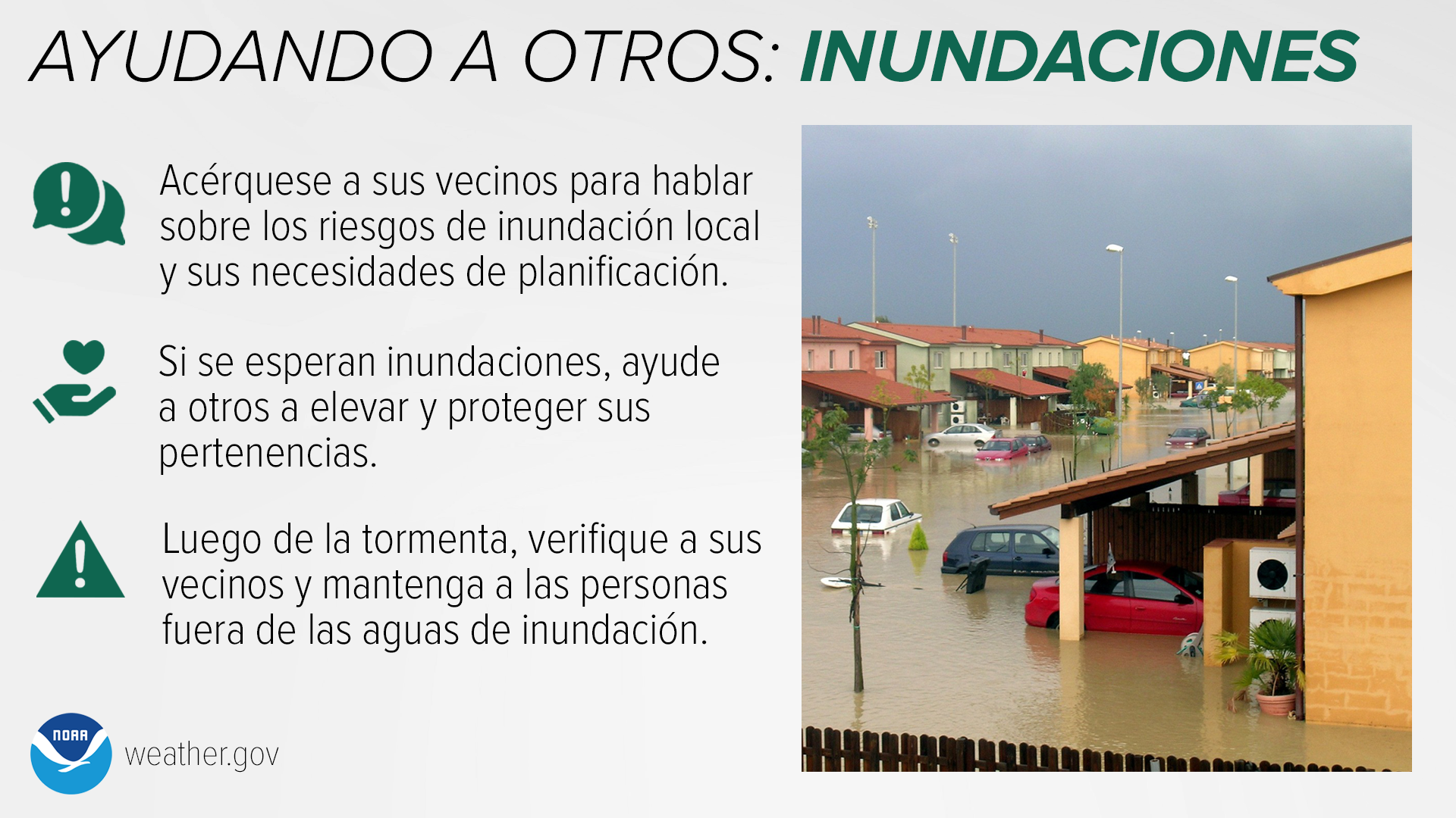 Ayudando a Otros: Inundaciones: Acérquese a sus vecinos para hablar sobre los riesgos de inundación local y sus necesidades de planificación. Si se esperan inundaciones, ayude a otros a elevar y proteger sus pertenencias. Luego de la tormenta, verifique a sus vecinos y mantenga a las personas fuera de las aguas de inundación.