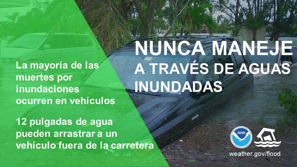 NUNCA MANEJE A TRAVES DE AGUAS INUNDADAS La mayoría de las muertes ocurren en vehículos. 12 pulgadas de agua pueden arrastrar un carro fuera de la carretera.