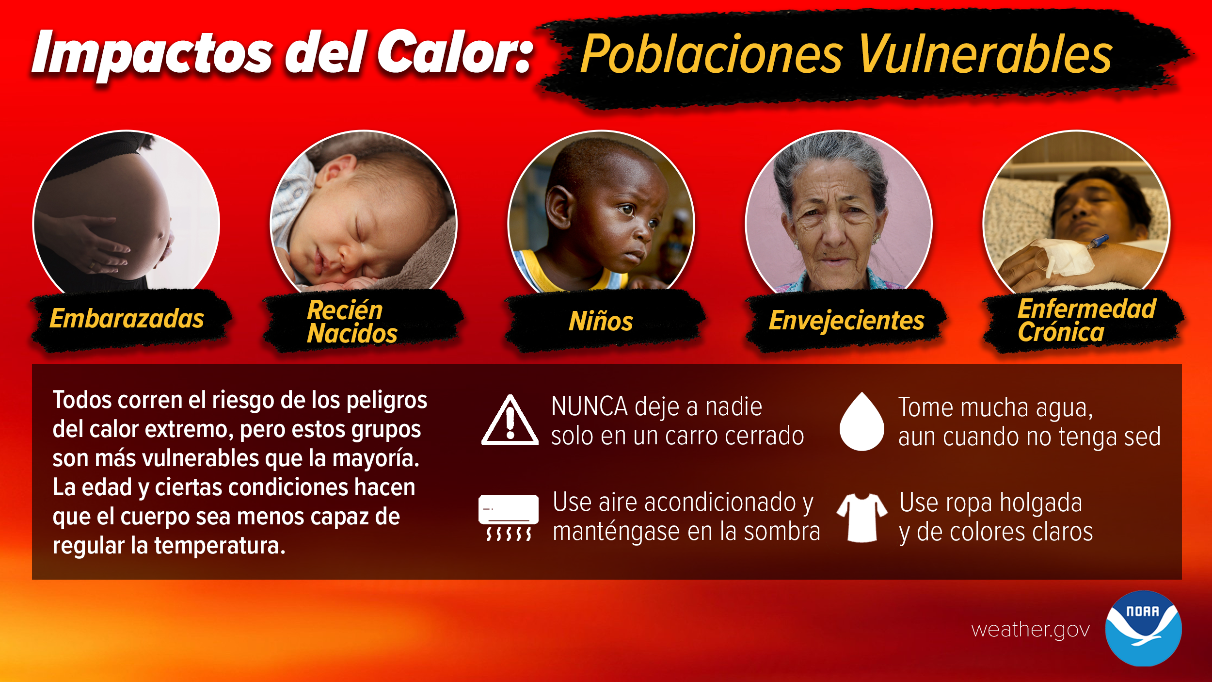 Todos corren el riesgo de los peligros del calor extremo, pero estos grupos son más vulnerables que la mayoría (embarazadas. recien nacidos. niños. envejecientes. enfermedad crónica) La edad y ciertas condiciones hacen que el cuerpo sea menos capaz de regular la temperatura. NUNCA deje a nadie solo en un carro cerrado. Tome mucha agua, aun cuando no tenga sed. Use aire acondicionado y manténgase en la sombra. Use ropa holgada y de colores claros.