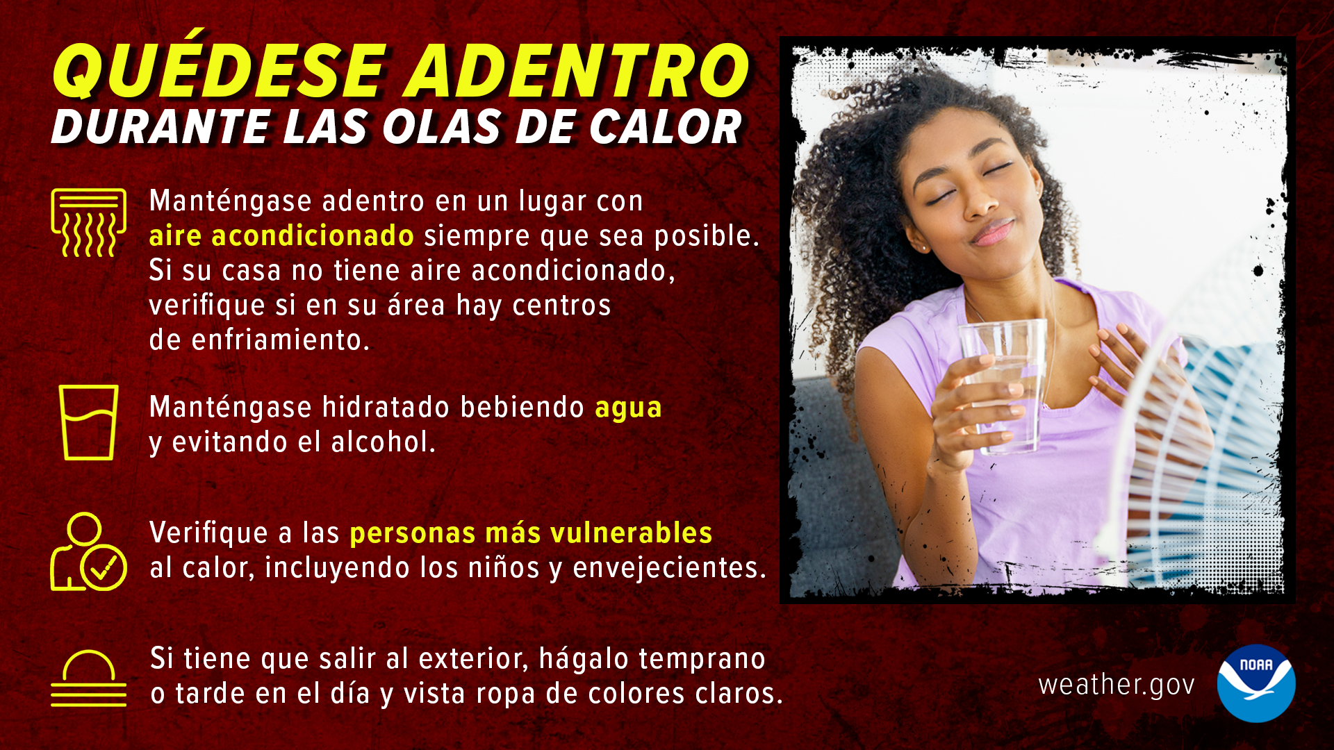QuÃ©dese adentro durante las olas de calor. MantÃ©ngase adentro en un lugar con aire acondicionado siempre que sea posible. Si su casa no tiene aire acondicionado, verifique si en su Ã¡rea hay centros de enfriamiento. MantÃ©ngase hidratado bebiendo agua y evitando el alcohol.  