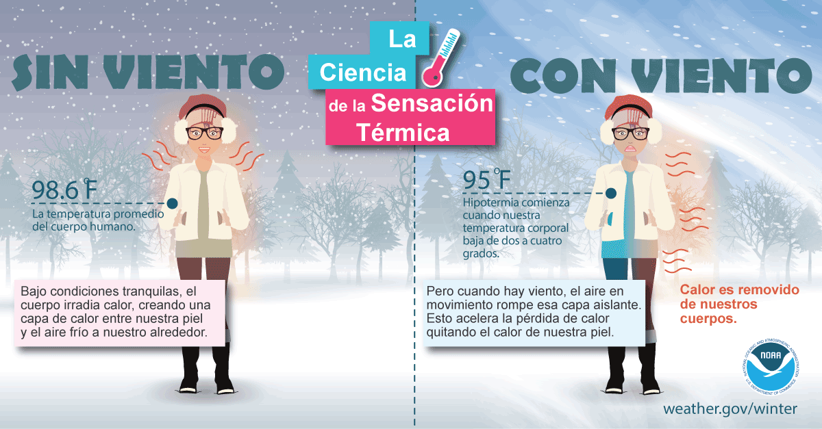 La Ciencia de la Sensación Térmica. Sin Viento: 98.6F La temperatura promedio del cuerpo humano. Bajo condiciones tranquilas, el cuerpo irradia calor, creando una capa de calor entre nuestra piel y el aire frío a nuestro alrededor. Con Viento: 95F Hipotermia comienza cuando nuestra temperatura corporal baja de dos a cuatro grados. Pero cuando hay viento, el aire en movimiento rompe esa capa aislante. Esto acelera la pérdida de calor quitando el calor de nuestra piel. Calor es removido de nuestros cuerpos.