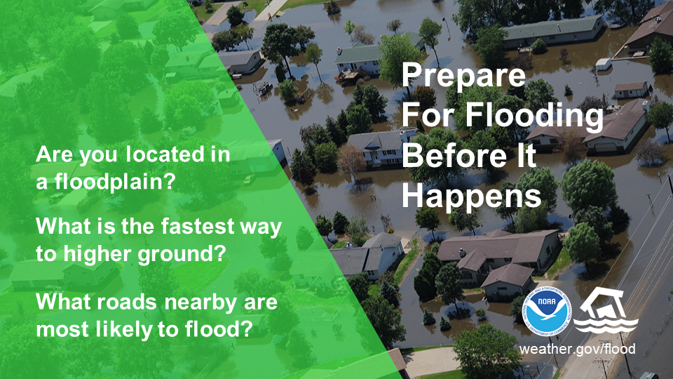 Prepare for flooding before it happens. Are you located in a floodplain? What is the fastest way to higher ground? What roads nearby are most likely to flood?