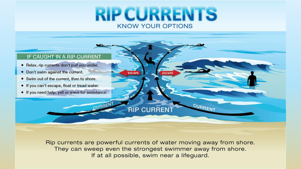 Tips to escape a rip current are provided alongside an illustration of a rip current pulling someone away from the beach with the sub-headline stating to know your options. Rip currents are powerful currents of water moving away from shore. They can sweep even the strongest swimmer away from shore. If at all possible, swim near a lifeguard. Tips if Caught in a Rip Current: Try to relax as rip currents don’t pull you under the water. Don’t swim against the current. Swim out of the current, then toward the beach. If you can’t escape, float or tread water. If you need help, yell or wave for assistance.