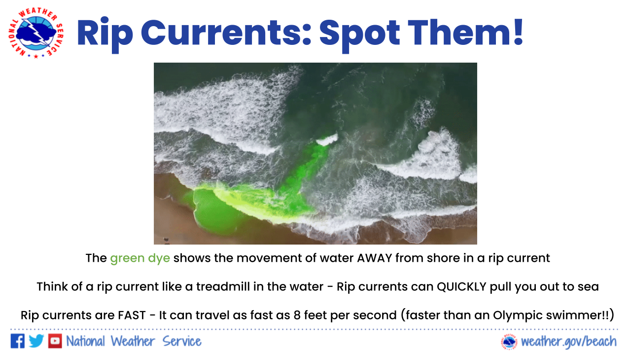Tips for how to spot a rip current are provided alongside a still photo taken from an animation of green dye dropped into the water at a beach, which shows the green dye being transported away from the beach in the rip current. The green dye shows the movement of water AWAY from shore in a rip current. Think of a rip current like a treadmill in the water. Rip currents can QUICKLY pull you out into the Gulf of Mexico. Rip currents are FAST - they can travel as fast as 8 feet per second, which is faster than an Olympic swimmer.