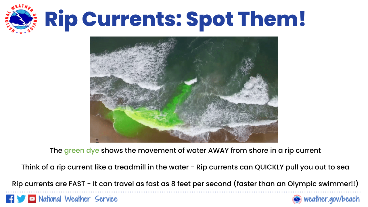 Tips for how to spot a rip current are provided alongside a still photo taken from an animation of green dye dropped into the water at a beach, which shows the green dye being transported away from the beach in the rip current. The green dye shows the movement of water AWAY from shore in a rip current. Think of a rip current like a treadmill in the water. Rip currents can QUICKLY pull you out into the Gulf of America. Rip currents are FAST - they can travel as fast as 8 feet per second, which is faster than an Olympic swimmer.