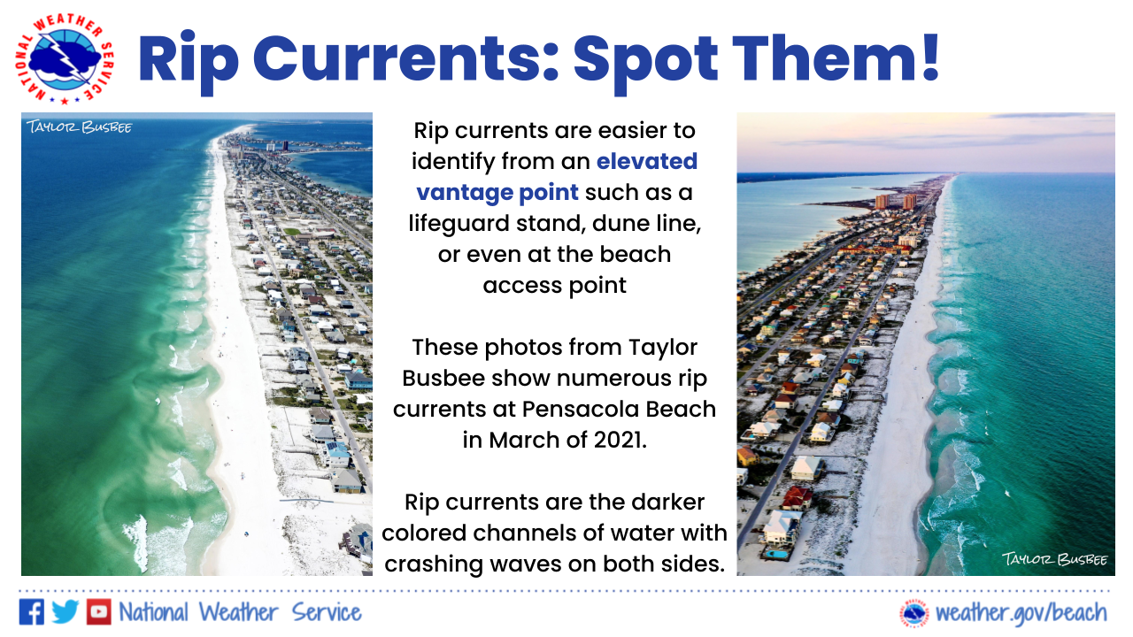 Tips for how to spot a rip current are provided alongside two aerial photos of strong rip currents along Pensacola Beach in 2021. Rip currents are easier to identify from an elevated vantage point such as a lifeguard stand, dune line, or even at the beach access point. Rip currents are the darker-colored channels of water with waves crashing on both sides.
