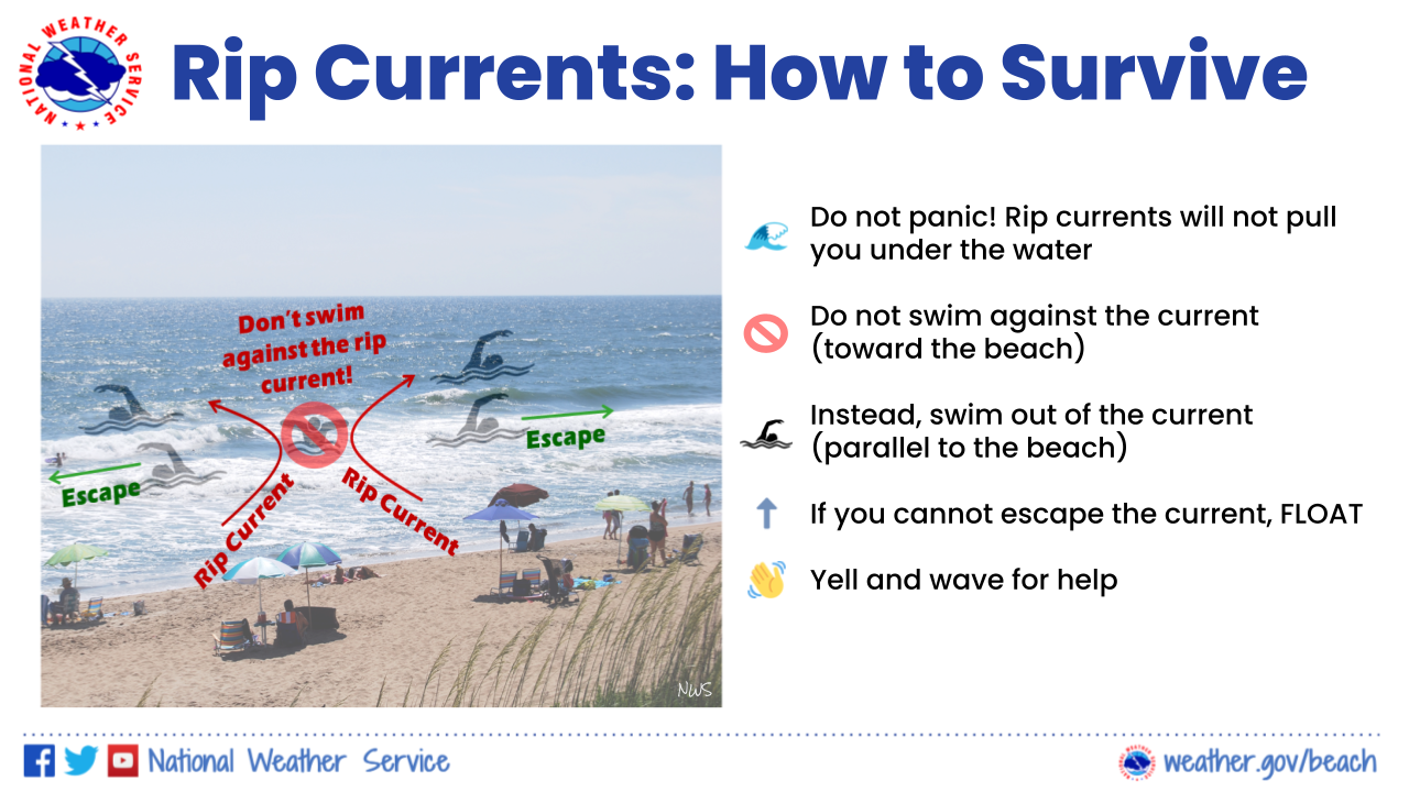 Tips for how to survive a rip current are provided alongside a photo of a rip current and illustrations denoting what to do in the rip current. How to survive a rip current: Do not panic! Rip currents will not pull you under the water. Do not swim against the current (aka toward the beach). Instead, swim out of the current (aka parallel to the beach). If you cannot escape the rip current, FLOAT. Yell and wave for help. 