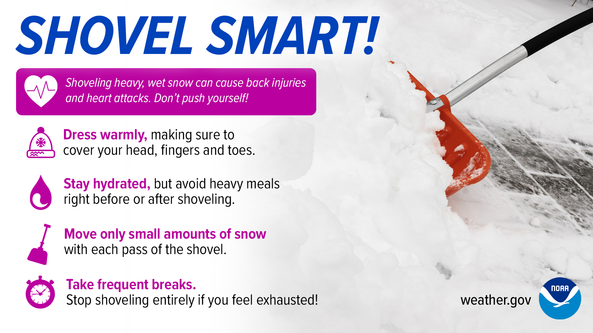 Shovel smart! Shoveling heavy, wet snow can cause back injuries and heart attacks. Don’t push yourself! Dress warmly, making sure to cover your head, fingers and toes. Stay hydrated, but avoid heavy meals right before or after shoveling. Move only small amounts of snow with each pass of the shovel. Take frequent breaks. Stop shoveling entirely if you feel exhausted!