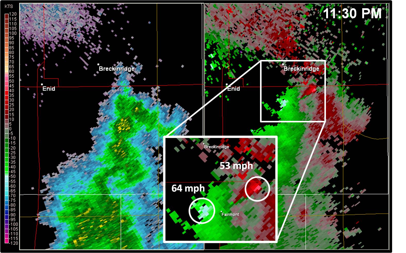 Radar reflectivity and radial velocity from Vance AFB