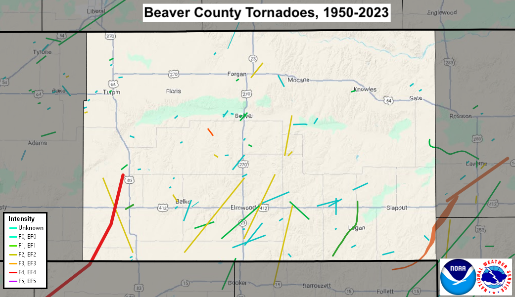 Tornado Track Map for Beaver County, OK