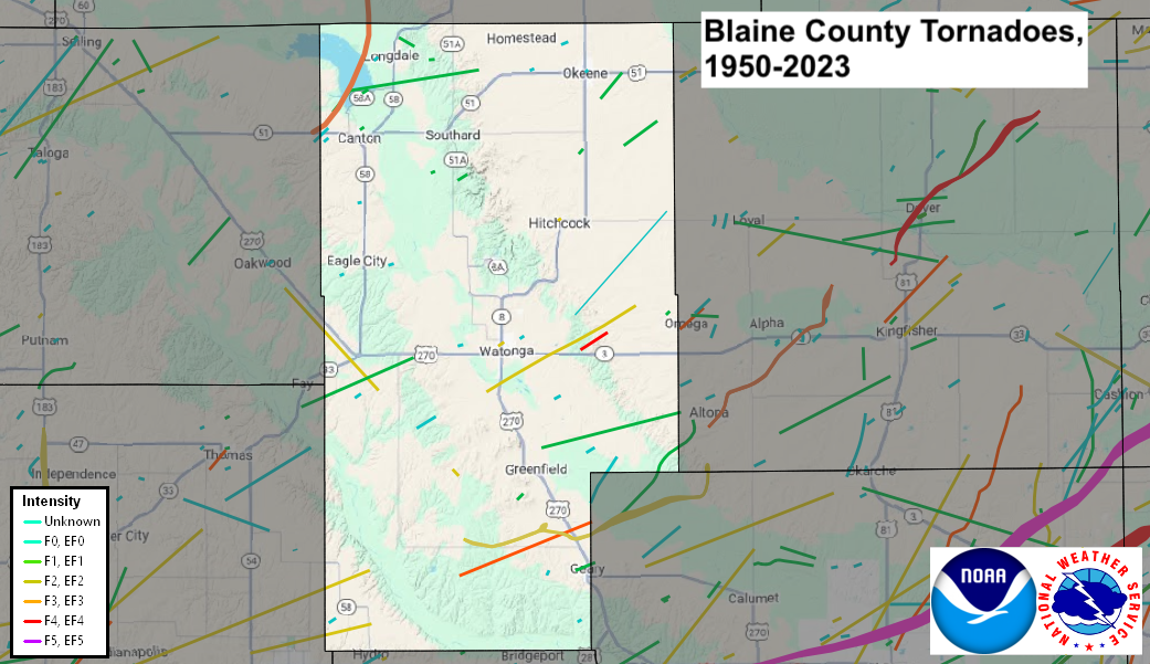 Tornado Track Map for Blaine County, OK