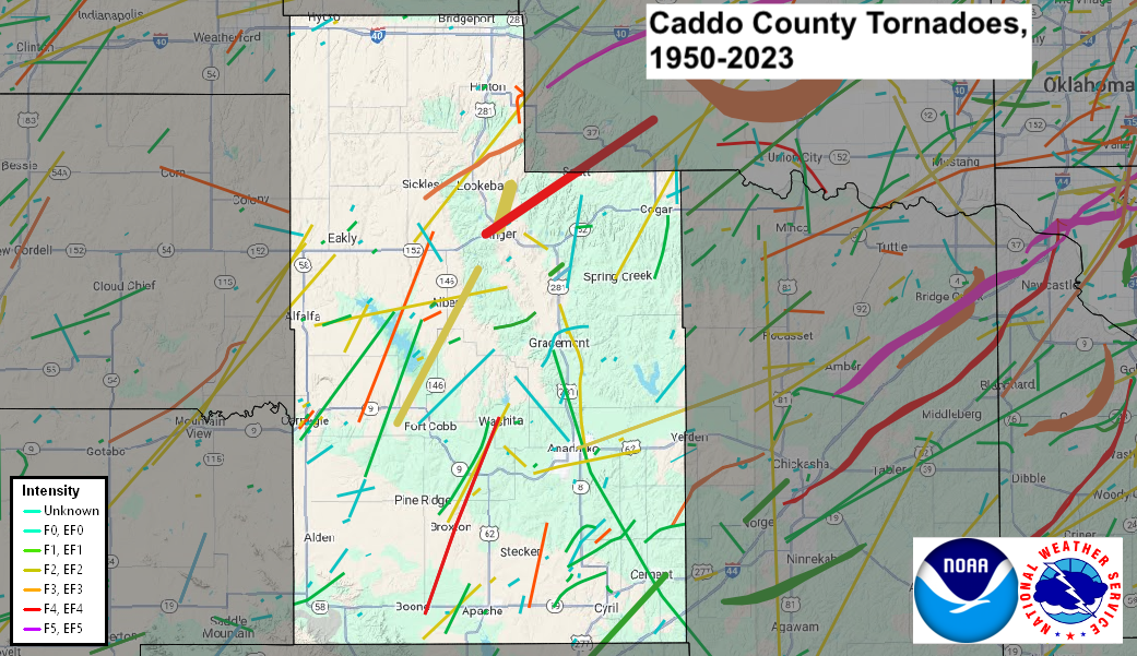 Tornado Track Map for Caddo County, OK