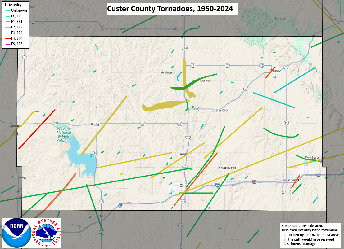 Tornado Track Map for Custer County, OK