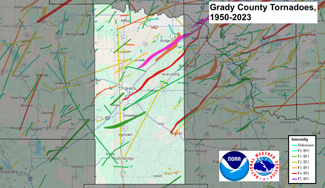 Tornado Track Map for Grady County, OK