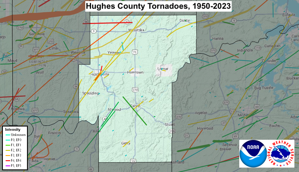 Tornado Track Map for Hughes County, OK