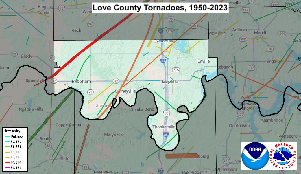 Tornado Track Map for Love County, OK