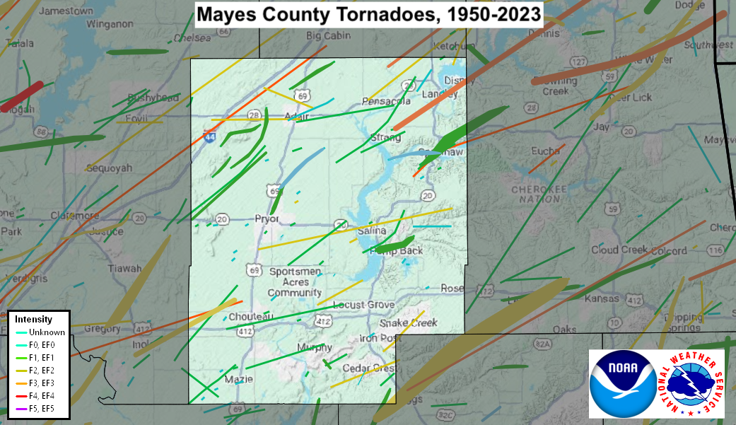 Tornado Track Map for Mayes County, OK