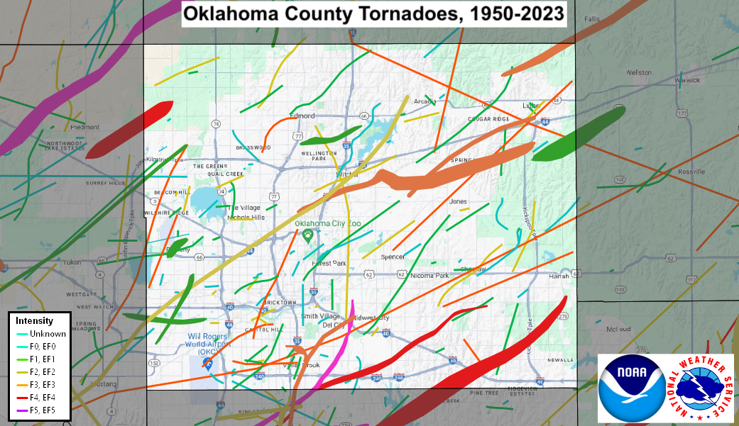 Tornado Track Map for Oklahoma County, OK