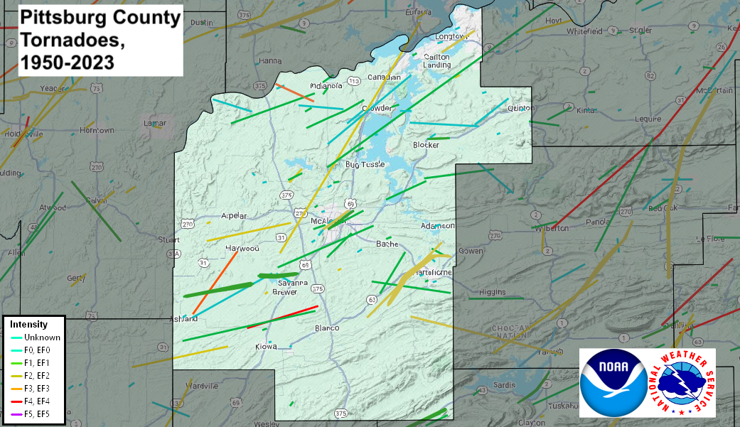 Tornado Track Map for Pittsburg County, OK